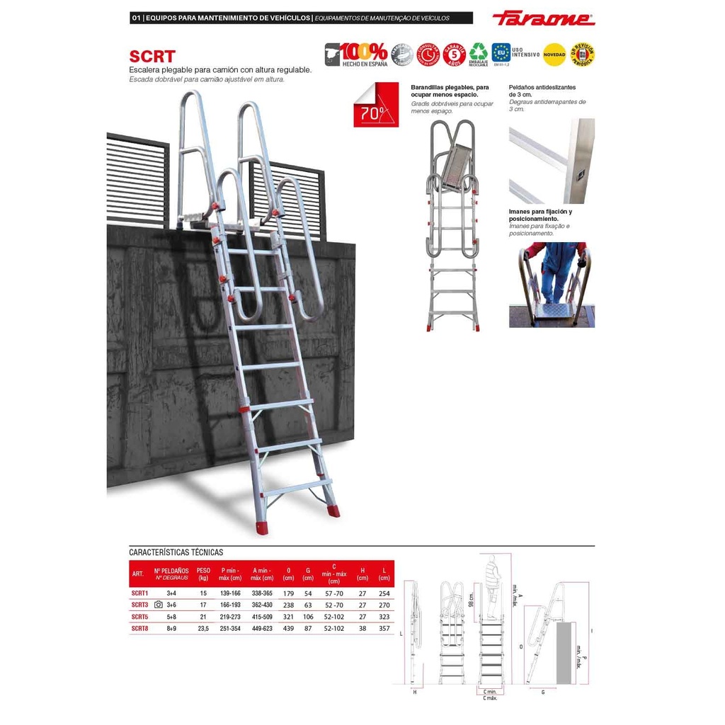 Escalera de desembarco camiones y entreplantas regulable en Altura. SCRT