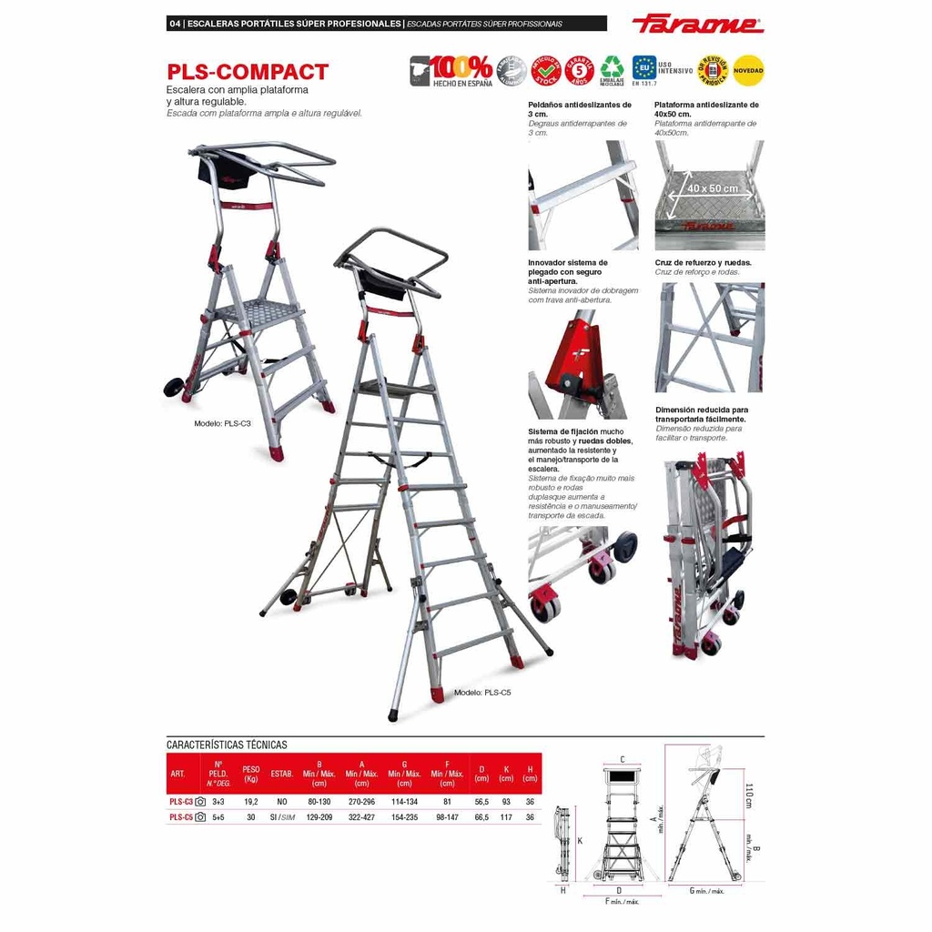 PLS-COMPACT | Escalera plegable con amplia plataforma y altura regulable 